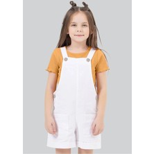 Waka Waka Kids Store Kız Çocuk Beyaz Jean Salopet Şort ve Hardal Fitilli Tişört Takım