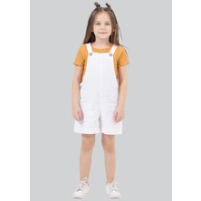 Waka Waka Kids Store Kız Çocuk Beyaz Jean Salopet Şort ve Hardal Fitilli Tişört Takım