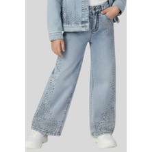 Waka Waka Kids Store Kız Çocuk Açık Mavi Yıkamalı Taş Işlemeli Wide Leg Kot Pantolon