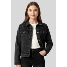 Waka Waka Kids Store Kız Çocuk Antrasit Gri Taş Işlemeli Denim Ceket - Kristal Detaylı Kot Ceket