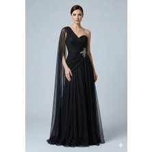 OMNİA3480 Serisi Tek Omuz Pelerin Detaylı Kristal Işlemeli Siyah Abiye