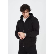 Unisex Tam Fermuarlı Kapşonlu  Sweatshirt - Siyah