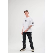 Unisex Bisiklet Yaka Baskılı Oversize T-Shirt - Beyaz