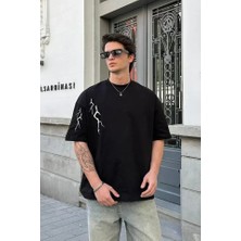Unisex Bisiklet Yaka Baskılı Oversize T-Shirt - Siyah