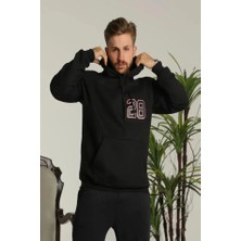 Erkek Oversize Üç Iplik Kapüşonlu Sweatshirt –sırt ve Ön Baskılı, Kanguru Cepli, Rahat Kalıp Maskot Desenli Model - Siyah