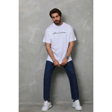 Lunelis Erkek Baskılı T-Shirt Kısa Kol Bisiklet Yaka Regular Fit Rahat Kalıp Günlük Tişört - Beyaz
