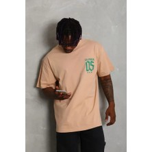 Lunelis Erkek Baskılı T-Shirt Kısa Kol Bisiklet Yaka Regular Fit Rahat Kalıp Günlük Tişört - Bej