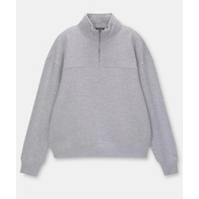 Oversize Yarım Farmuarlı Yakalı Basic Sweatshirt - Gri