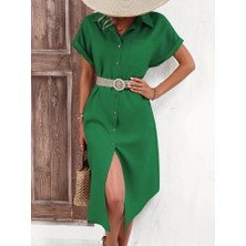 Kadın Kısa Kollu Yakalı Düğme Detay Midi Dokuma Elbise