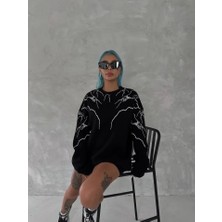 Yıldırım Baskılı Bisiklet Yaka Sweatshirt - Siyah