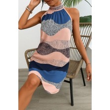 Lunelis Kadın Kolsuz Boyundan Askılı Desenli Midi Süprem Elbise