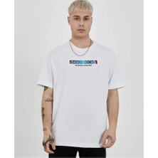 Unisex Bisiklet Yaka Baskılı Oversize T-Shirt - Beyaz