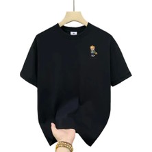 Baskılı Oversize Bisiklet Yaka T-Shirt - Siyah