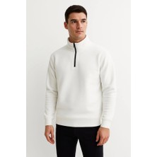 Erkek Dik Yaka Sweatshirt Dik Yaka Yarım Fermuarlı 3 Iplik Şardonlu Pamuk Kumaş - Beyaz
