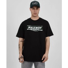 Unisex Bisiklet Yaka Baskılı Oversize T-Shirt - Siyah