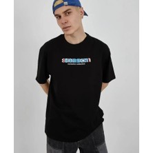 Unisex Bisiklet Yaka Baskılı Oversize T-Shirt - Siyah