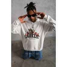 Erkek Oversize Kapüşonlu Sweatshirt – Beyaz Renk Üç Iplik Içi Pamuklu Kanguru Cepli Baskılı Hoodie Rahat Kalıp Kışlık Günlük Kombinlere Uygun - Beyaz