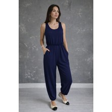 Kadın Askılı Yuvarlak Yakalı Cepli Viskon Tulum