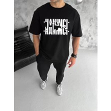 Unisex Bisiklet Yaka Katlanan Baskılı T-Shirt - Siyah