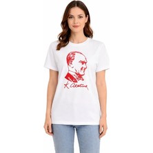 Atatürk Baskılı Tişört Kısa Kollu Bisiklet Yaka T-Shirt - Beyaz