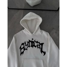 Kışlık Kapşonlu Baskılı Oversize Sweatshirt- Beyaz