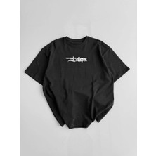 Baskılı Oversize Bisiklet Yaka T-Shirt - Siyah