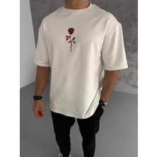 Unisex Bisiklet Yaka Baskılı Oversize T-Shirt - Beyaz