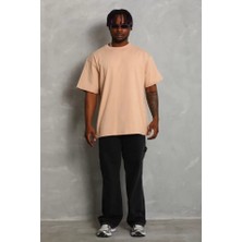Unisex Oversize Düz Bisiklet Yaka T-Shirt - Bej