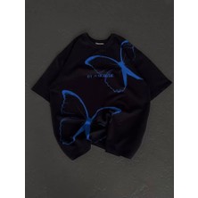 Unisex Bisiklet Yaka Baskılı Oversize T-Shirt - Siyah