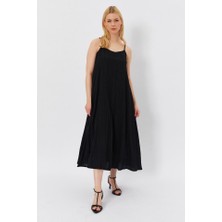 Askılı Uzun Çan Elbise - Siyah