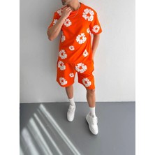 Iki Iplik Kumaş Baskılı T-Shirt Şortlu Takım- Turuncu