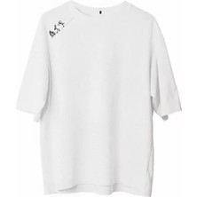 Unisex Bisiklet Yaka Baskılı Oversize T-Shirt - Beyaz