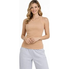 Fitilli Atlet Sıfır Yaka Slim Fit Arka Baskılı Spor Atlet - Bej