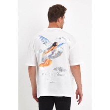 Erkek Melek Baskılı Oversize T-Shirt - Beyaz