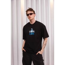 Unisex Bisiklet Yaka Baskılı Oversize T-Shirt - Siyah