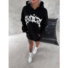 Unisex Üç Iplik Kapşonlu Baskılı Sweatshirt - Siyah