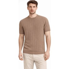 Erkek Yazlık Fitilli Triko Tişört Kısa Kol Bisiklet Yaka T-Shirt - Kahverengi