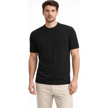 Erkek Yazlık Fitilli Triko Tişört Kısa Kol Bisiklet Yaka T-Shirt - Siyah