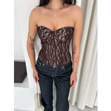 Fermuarlı Dantel Korse Straplez Bustiyer Transparan Şık Top - Kahverengi