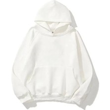 3 Iplik Pamuklu Unisex Kapşonlu Sweetshirt - Beyaz
