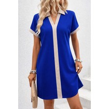 Kadın Kısa Kollu V Yakalı Onden Şerit Detaylı Yakalı Kısa Janjan Krep Elbise