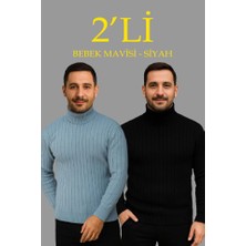 Erkek Fitilli Triko Kazak 2li Set Bebek Mavisi Siyah Regular Balıkcı Yaka Tam Boğazlı Triko Seti Modeli Kazak