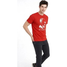 Erkek Atatürk Baskılı Tişört Kısa Kollu Bisiklet Yaka T-Shirt - Kırmızı