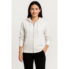 Üç Iplik Kapüşonlu Tam Fermuarlı Kanguru Çepli Sweatshirt Hoodie - Beyaz