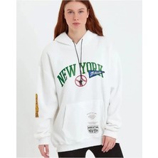 Baskılı Kapüşonlu Sweatshirt - Beyaz