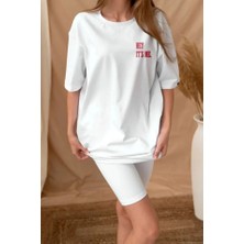 Unisex Baskılı Oversize T-Shirt - Beyaz