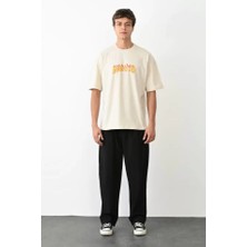 Unisex Bisiklet Yaka Baskılı Oversize T-Shirt - Beyaz