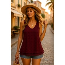 Kadın Dantel Askılı V Yakalı Sırtı Çapraz Detaylı Ponpon Bluz