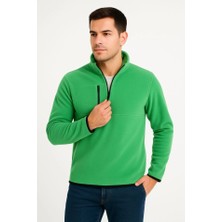 Erkek Polar Kazak – Dik Yaka, Yarım Fermuarlı, Fermuarlı Göğüs Cepli, Siyah Biyeli, Kışlık Rahat Regular Fit Günlük Model - Yeşil