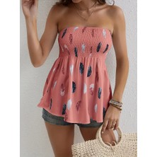 Kadın Yaprak Desenli Göğsü Gipeli Mosskrep Straplez Bluz